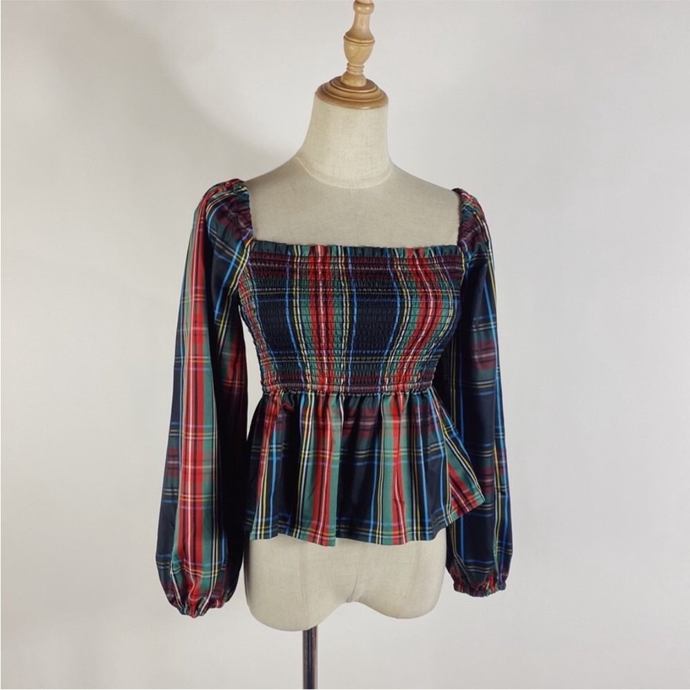 J. CREW Puff Sleeved Smocked Top in Stewart Tartan Plaid XS